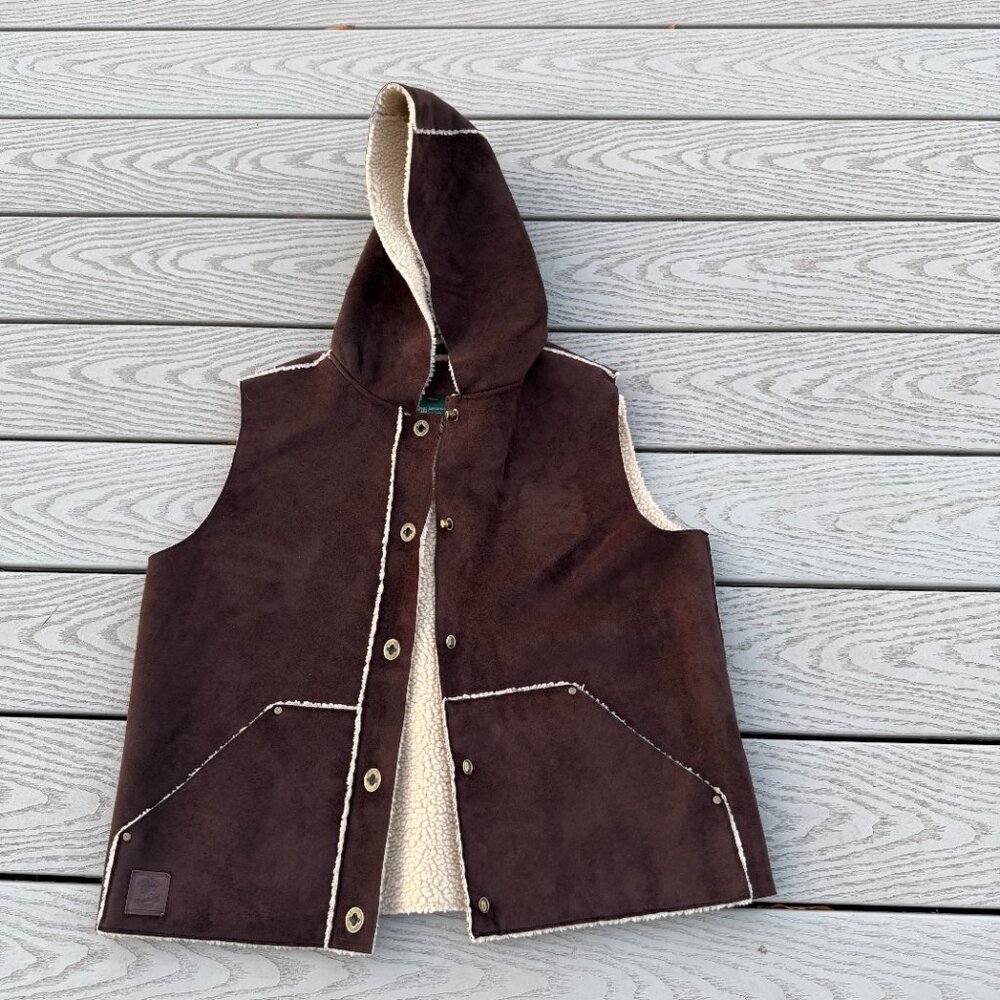 LAUREN Ralph Lauren Womens Pet Medium  Boho Hooded Vest Faux Suede Brown Sherpa